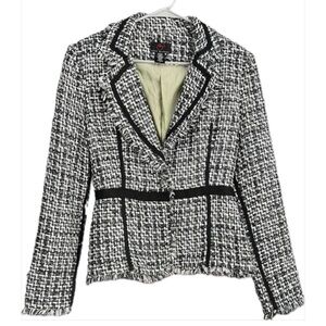 True Meaning Distressed Tweed Blazer Button Closure Black Trim Accents Size 8